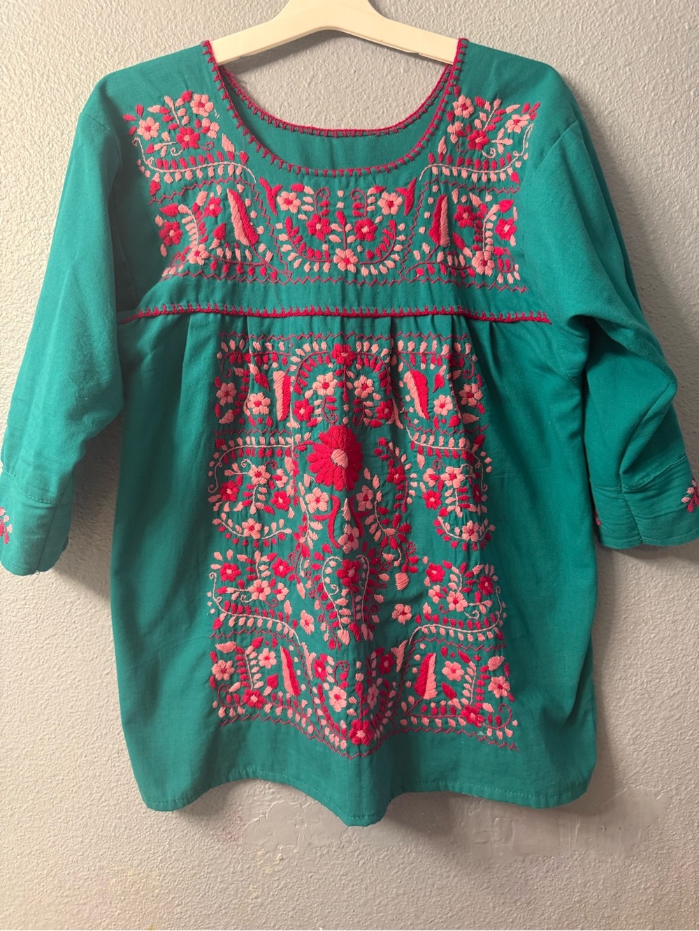 Mexicana Teal Embroidered Tunic Dress with Pink Accent size medium
